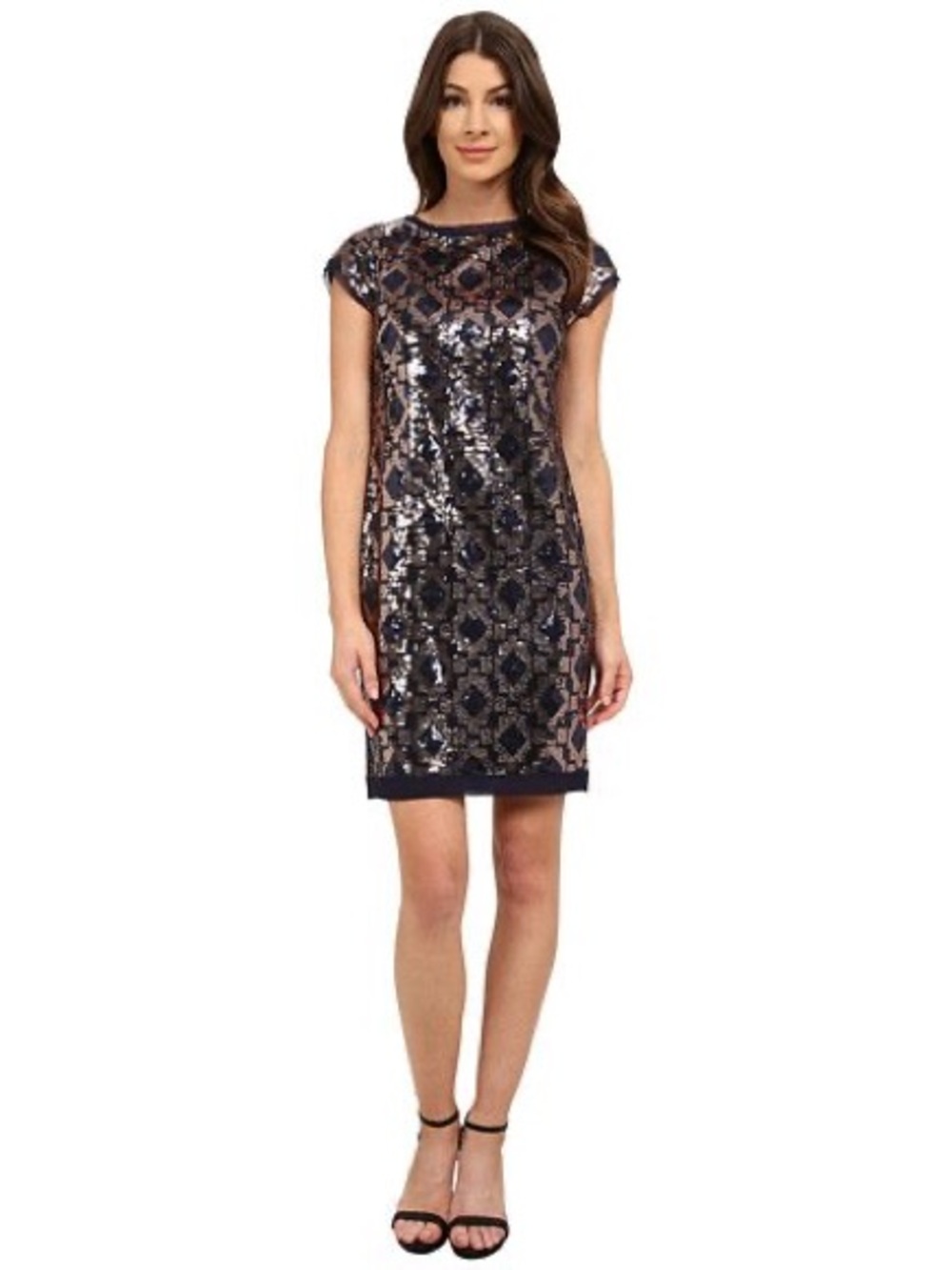 NWT - Vince Camuto Navy and Silver Sequin Shift Dress - Size 2